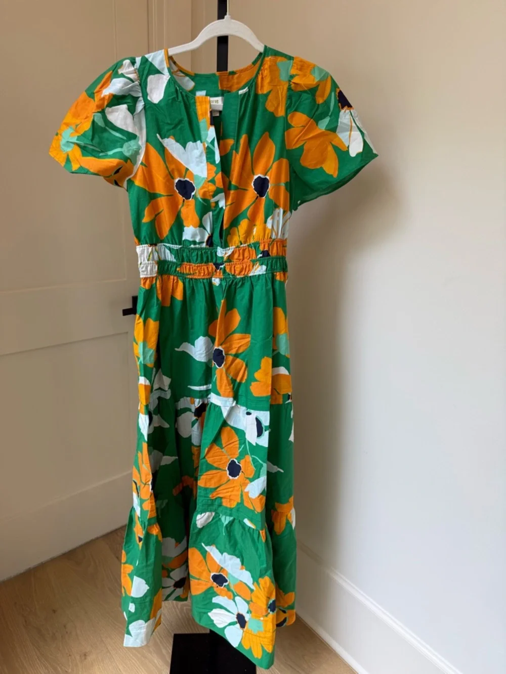 Anthropologie Green Maxi Dress with Yellow & White Floral Print